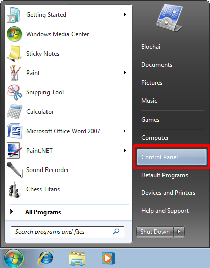 Start > Control Panel
